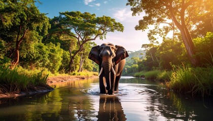 Fototapeta premium an elephant walking through a beautiful pond.