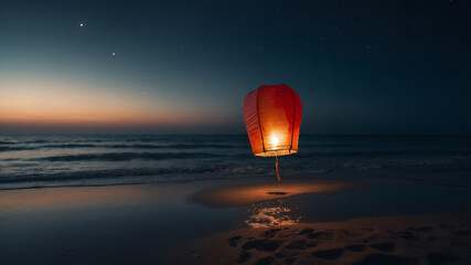 Illuminated sky lantern floating above the beach at dusk with the ocean and stars visible behind © Nuwan