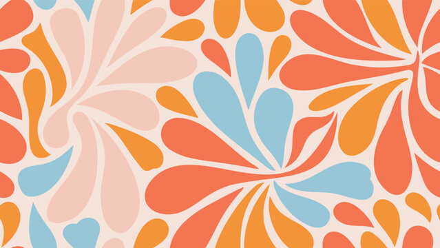 Retro floral pattern with orange, pink, and blue teardrop shapes in a repeating design style of the 1970s