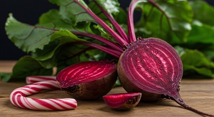 Close up of sliced beets with green leaves and a candy cane on a wooden surface in soft lighting
