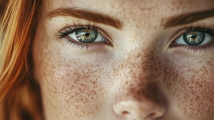 A close-up image focused on the face, featuring a young woman with vibrant red hair and a soft innocent expression. Her freckles are prominently visible against her fair skin.