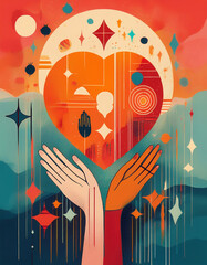 Artistic digital design collage of abstract hands and hearts in modern minimalist style, rich textured details and vibrant colors, symbolizing connection and friendship - Friendship day