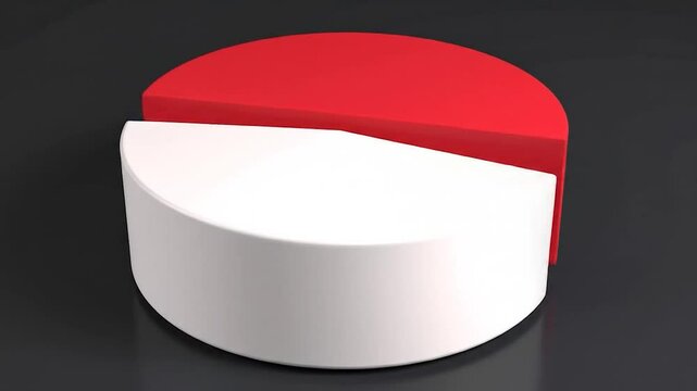 Split pie chart. Two halves in red and white on a dark gray surface