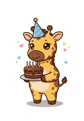 Fototapeta premium Cute Cartoon Giraffe with Birthday Cake