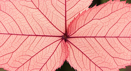Obraz premium Delicate leaf structure in shades of red and pink reveals intricate veins, showcasing nature's artistry in a close-up.