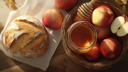 Top-down view of basket with apples, honey, and loaf of bread  