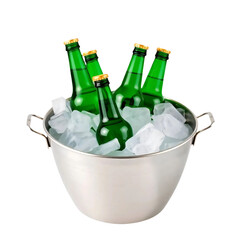 Chilled green beer bottles in a metal bucket with ice isolated on transparent background