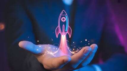 Neon rocket launch from open hand symbolizing business startup success