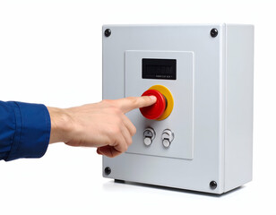 Male hand pressing a red emergency stop button on industrial control panel