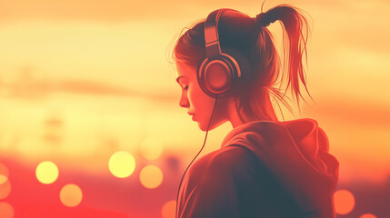 Teenage girl listening to music with headphones at sunset outdoors  
