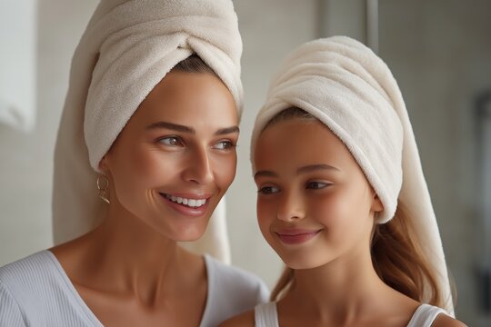 Mother and daughter skincare routine with towel wrapped hair