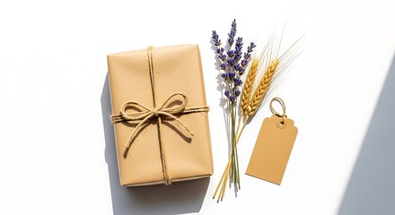 Gift box with lavender and wheat stalks and a blank tag on a white background
