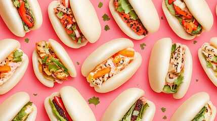 Layered bao buns with various fillings on pink background  