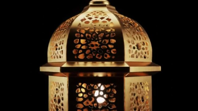 Ornate gold lantern with intricate openwork design against a solid black background