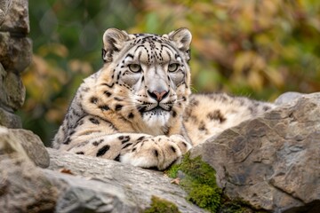 Obraz premium Majestic snow leopard resting on rocks in a captivating autumn scenery, showcasing its thick fur and powerful presence