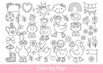 Draw vector illustration coloring page flower goose Tready animal Activity classroom Doodle cartoon style