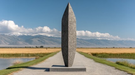Sculptural art installation in open landscape natural setting minimalist design captivating viewpoint