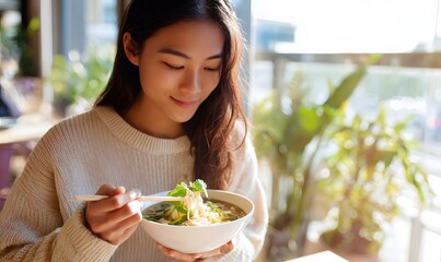 Asian female college student eating a large bowl of Vietnamese pho noodles at a university cafeteria by the window