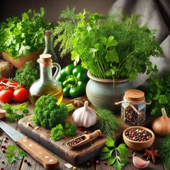 parsley and dill. fresh herbs on the table