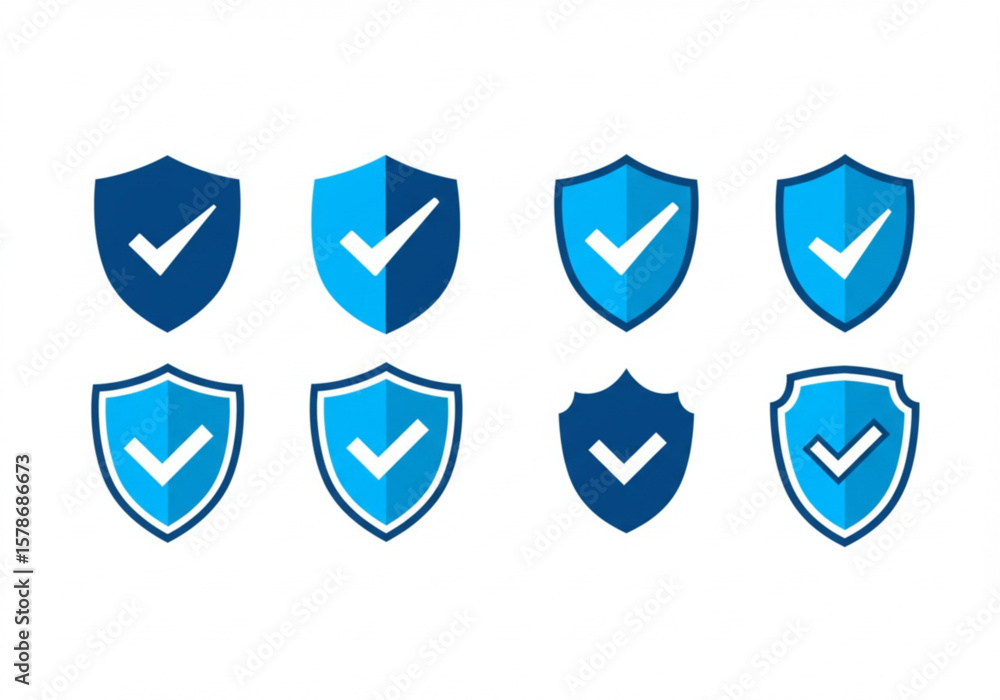 Poster collection of eight blue shield icons with white check marks for security and verification