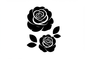 Two stylized black roses with leaves on a white background