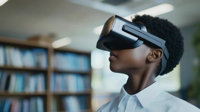 A young boy with VR headset, in a library setting, deeply engaged in a virtual gaming experience.
