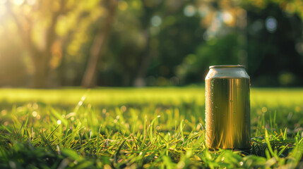 Single can of craft beer standing upright on green grass outdoors  