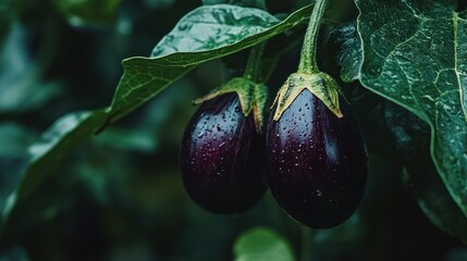 Two dark purple eggplants on a branch