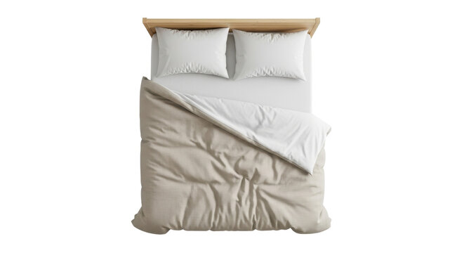 Top down view of bed with pillows and duvet isolated PNG with Transparent Background