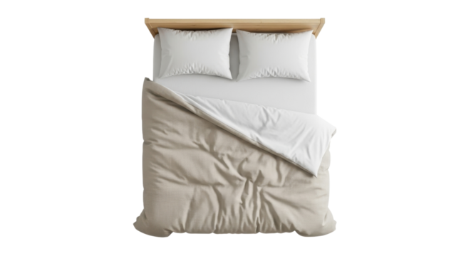 Top down view of bed with pillows and duvet isolated PNG with Transparent Background