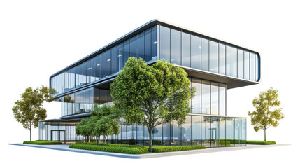 Fototapeta premium Modern glass office building with trees on white background