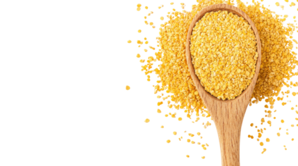 Nutritional yeast pile in wooden spoon on white background