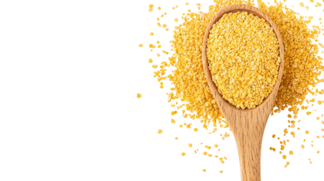 Nutritional yeast pile in wooden spoon on white background