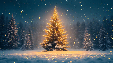 Naklejka premium Illuminated Christmas tree surrounded by snow-covered forest, with falling snowflakes creating a magical atmosphere