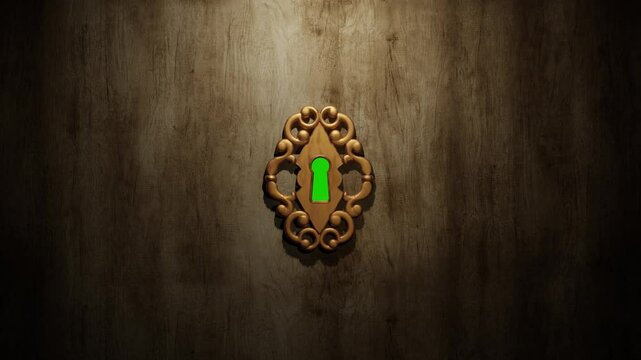 Wall or door with a keyhole. The camera flies through the keyhole and and reveals the green screen - video transition	