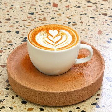 Coffee cup with intricate latte art sits on a round terracotta plate, showcasing a beautiful heart design against a speckled countertop, inviting warmth and comfort in a cozy setting