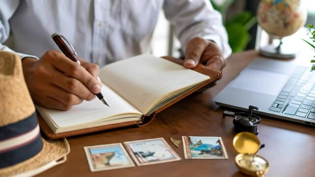 Person writes in journal on a desk w/ travel themed elements like postcards, globe, hat, laptop, compass, & plant