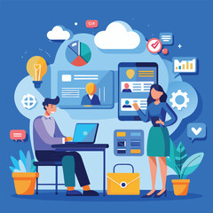 Business meeting with data analysis and technology