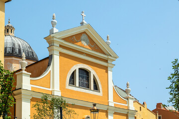 Baroque church facade with dome and ornaments France, Corsica, Ajaccio, 13 June 2025