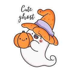 Cute kawaii ghost holding pumpkin. Vector stock illustration. 