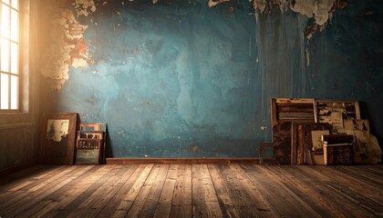 Grunge Vintage Room Interior with Distressed Blue Wall, Wooden Floor, and Leaning Art Frames — Natural Window Light Mood