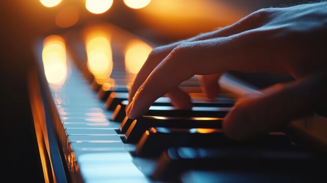A close-up of fingers expertly pressing piano keys with motion blur capturing the rhythm of the music
