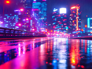 Obraz premium Nighttime cityscape with bright neon lights reflecting on a wet road, creating a vibrant and futuristic urban scene.