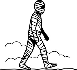 A stylized black and white illustration of a mummified figure walking.