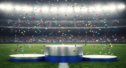 A sports podium with confetti falling, celebrating victory in a stadium.