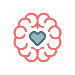 Mental Health Icon Flat Brain with Heart Symbol Representing Emotional Wellbeing and Cognitive Health