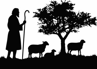 Shepherd with Sheep Silhouette in Rural Farm Landscape