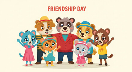 Obraz premium Cute Animal Friends Celebrating Happy Friendship Day Together