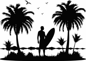 Surfer Silhouette on Tropical Beach with Palm Trees