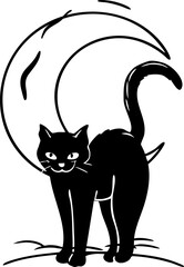 A black cat stands before a crescent moon, a simple illustration.